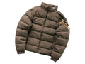 Moncler Taupe Brown Stand Collar Puffer Jacket with Sleeve Stripes