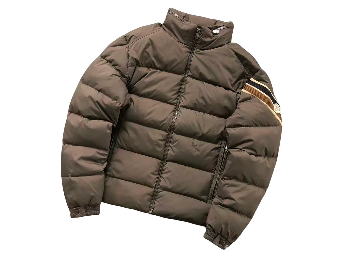 Moncler Taupe Brown Stand Collar Puffer Jacket with Sleeve Stripes
