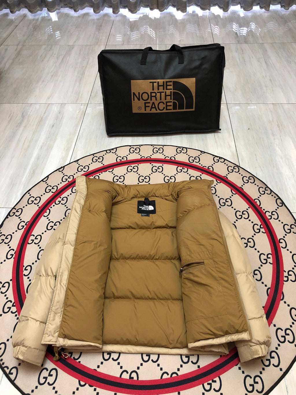 The North Face Sand Beige Tan Colorblock Puffer Jacket