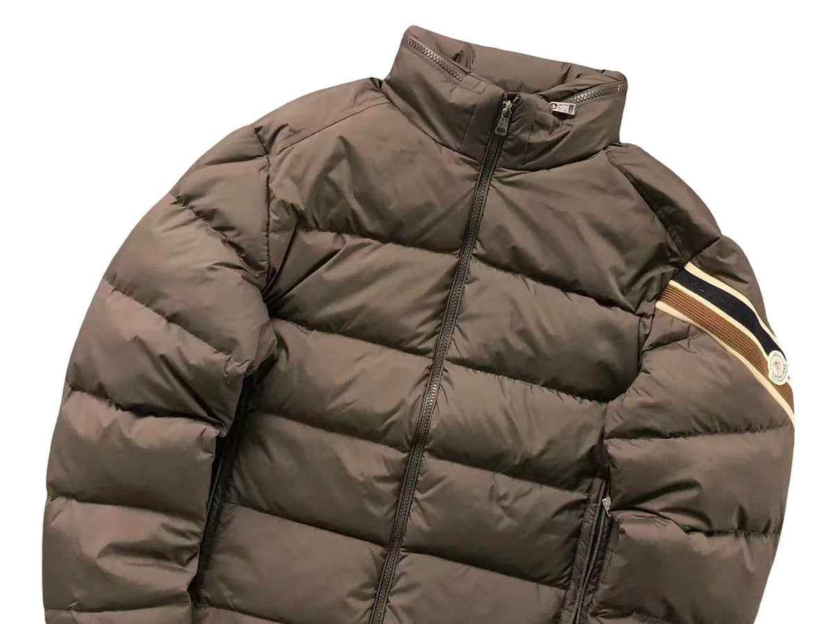 Moncler Taupe Brown Stand Collar Puffer Jacket with Sleeve Stripes