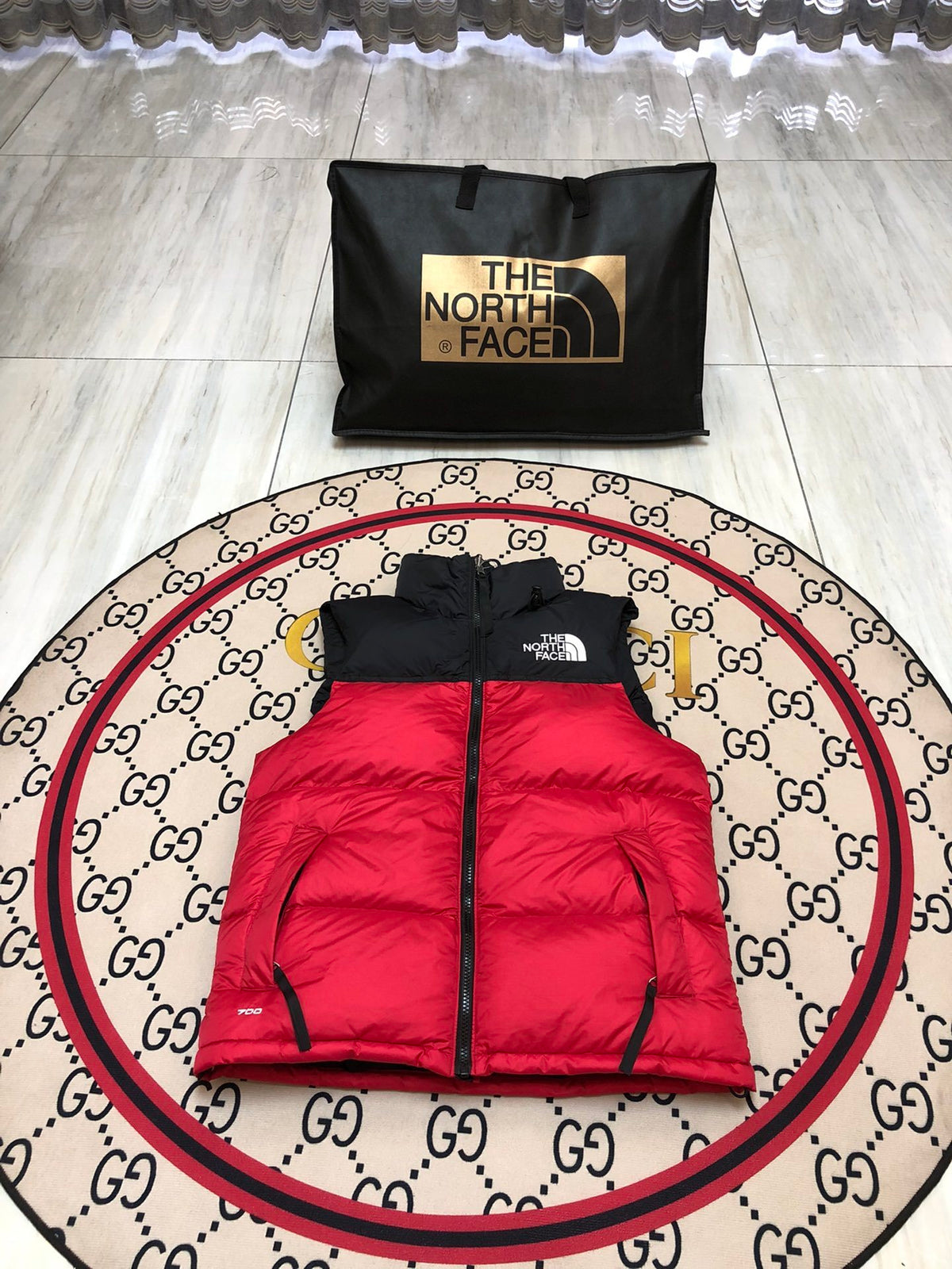 The North Face Red and Black Colorblock Puffer Vest