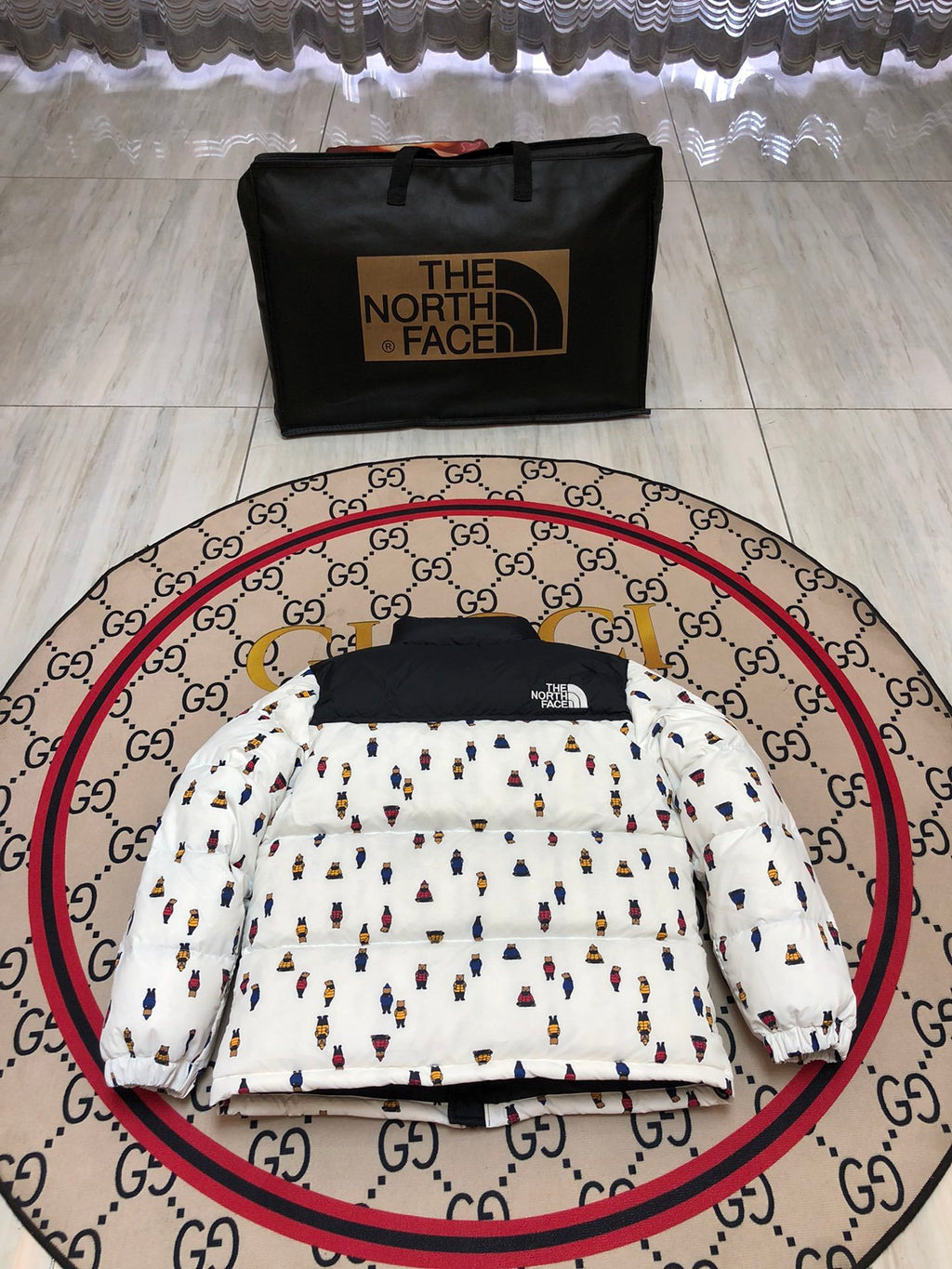 The North Face White Black Bear Print Puffer Jacket