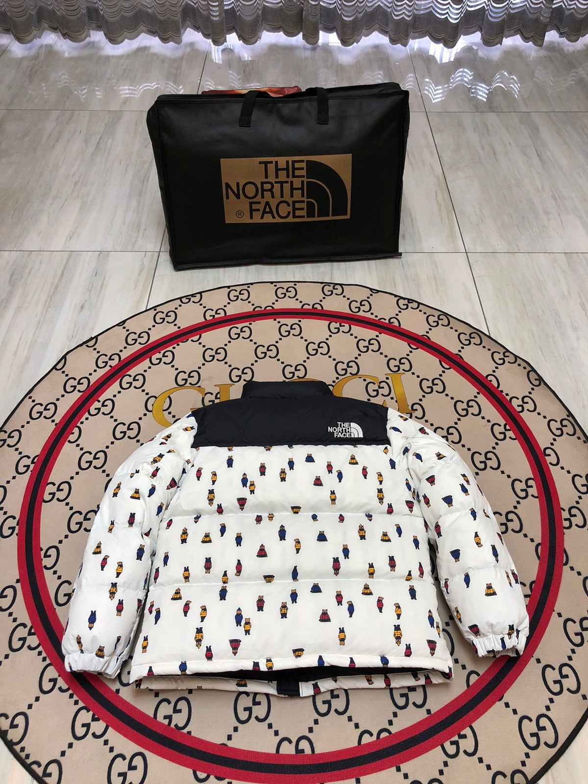 The North Face White Black Bear Print Puffer Jacket