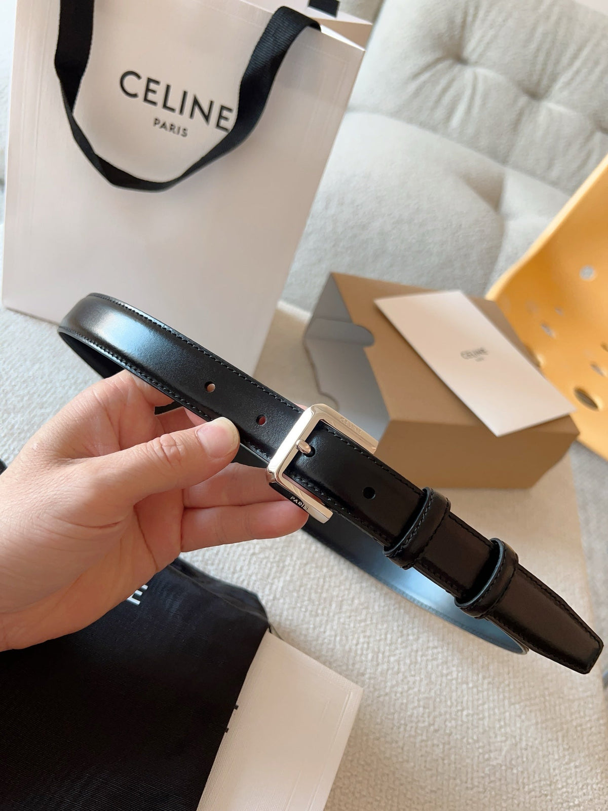 CELINE 25S BELT 25MM IN BLACK CALFSKIN SILVER HARDWARE 561795