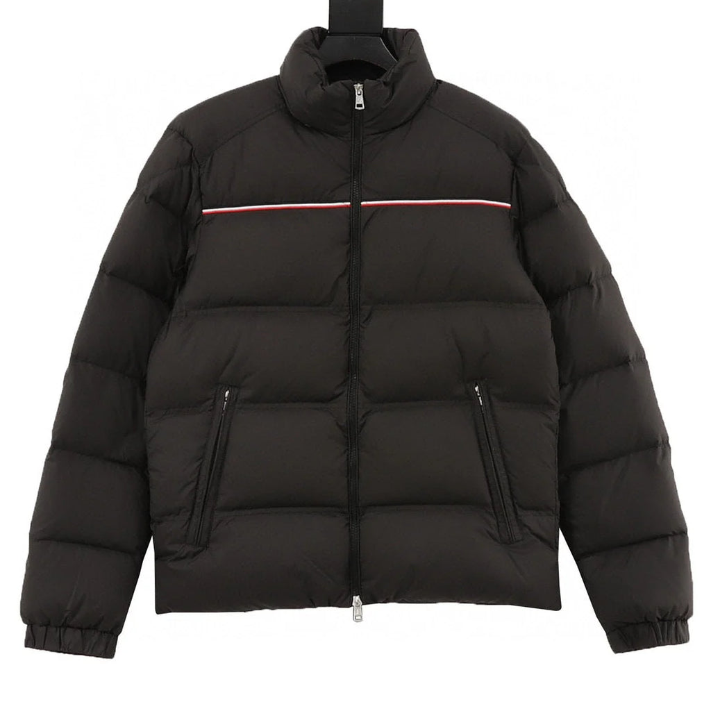 Moncler Black Stand Collar Puffer Jacket with Contrast Stripe