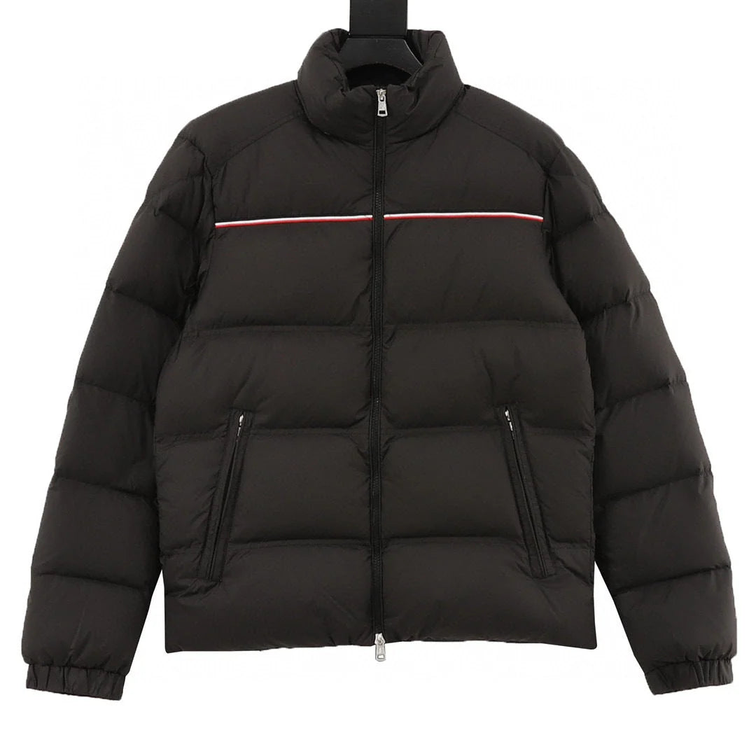 Moncler Black Stand Collar Puffer Jacket with Contrast Stripe