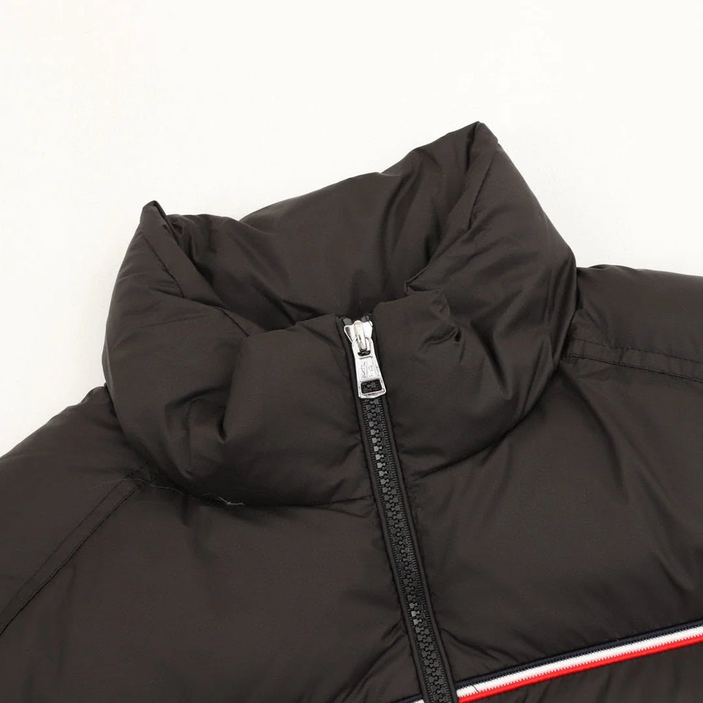 Moncler Black Stand Collar Puffer Jacket with Contrast Stripe