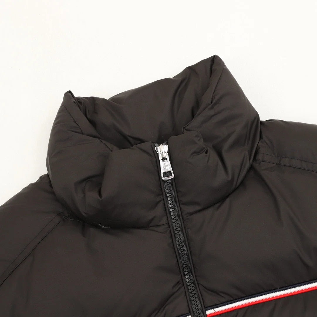 Moncler Black Stand Collar Puffer Jacket with Contrast Stripe